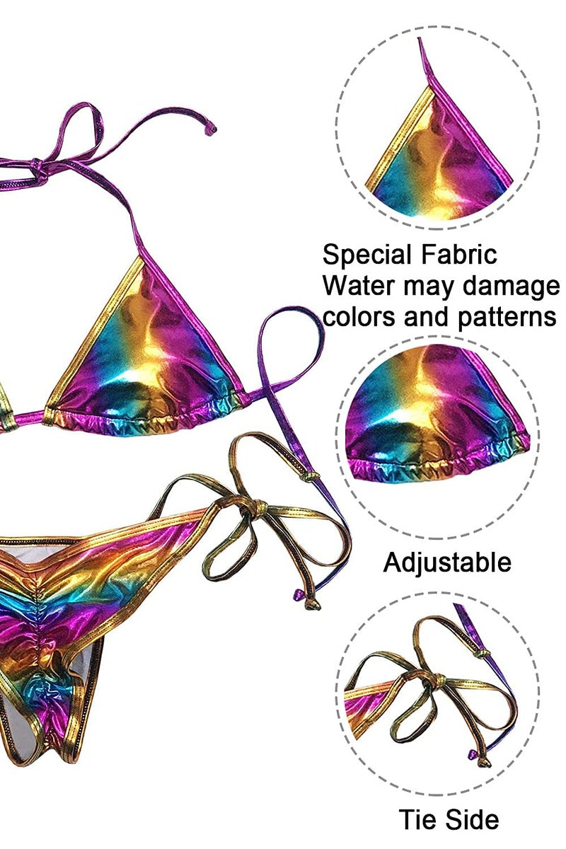 Balasami Women's Liquid Metallic Rainbow Bikini Sets Shiny String Padded Triangle 2 Pieces Swimsuit Set - Image 4
